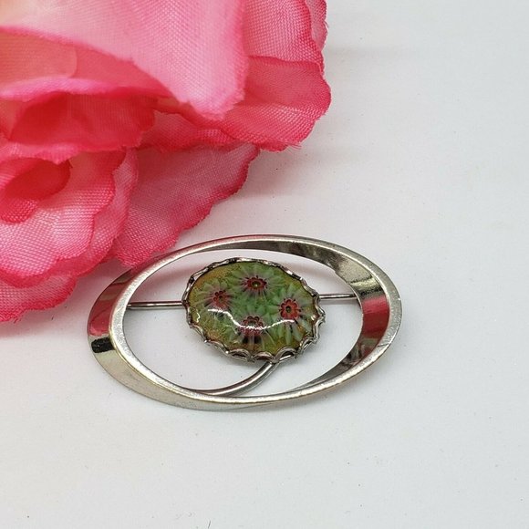 Vintage Green Murano Millefiori Venetian Glass Italian Pin Brooch Silver Tone - Picture 8 of 8